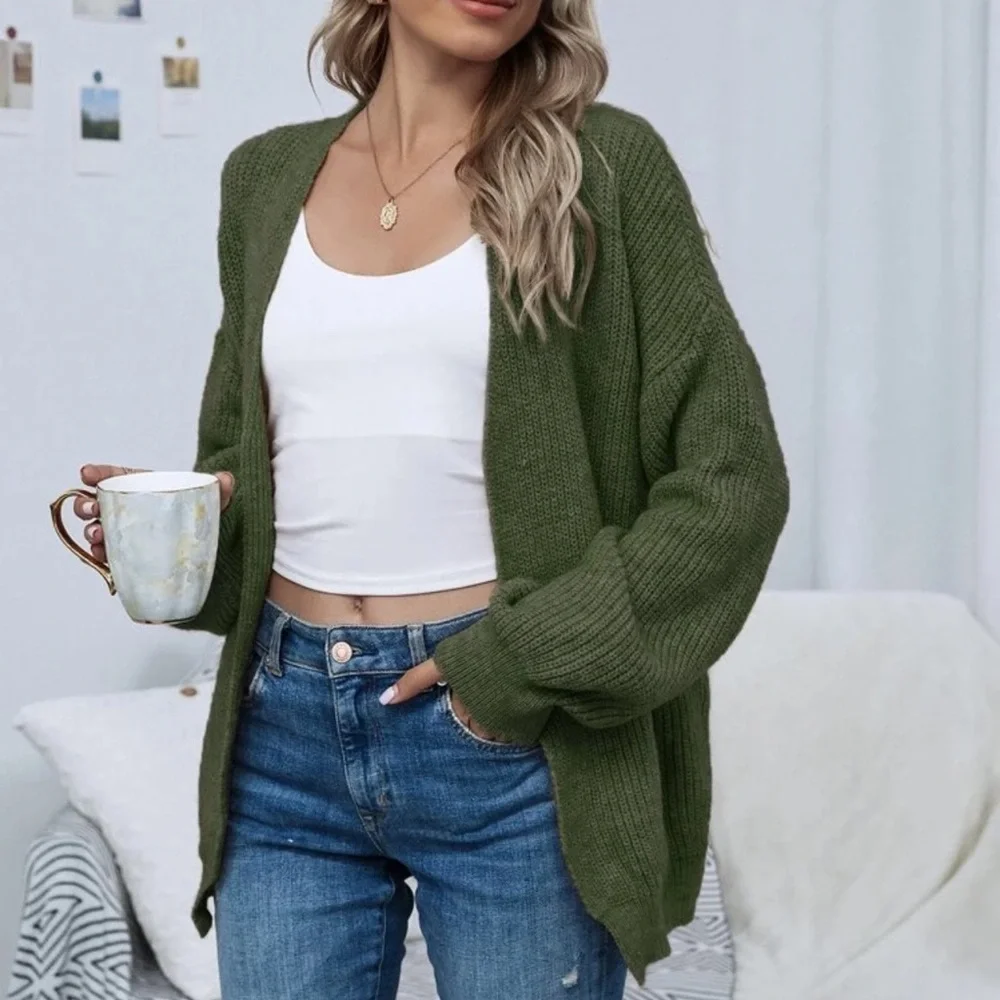 Soft knit drop shoulder oversized cardigan sweater tan - Picture 14 of 16